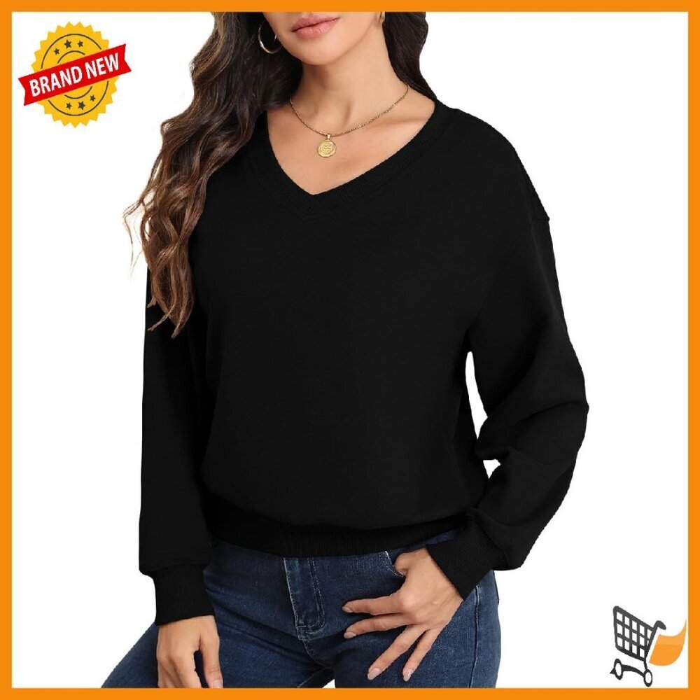 Women's Fleece Lined Cropped Sweatshirt V-Neck Long Sleeve Casual Pullover